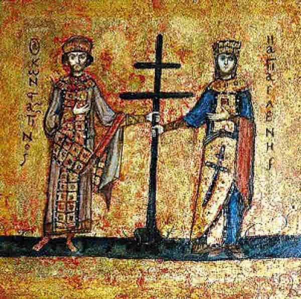 წმიდანი მეფე კონსტანტინე და დედოფალი ელენე პატიოსანი ჯვრით